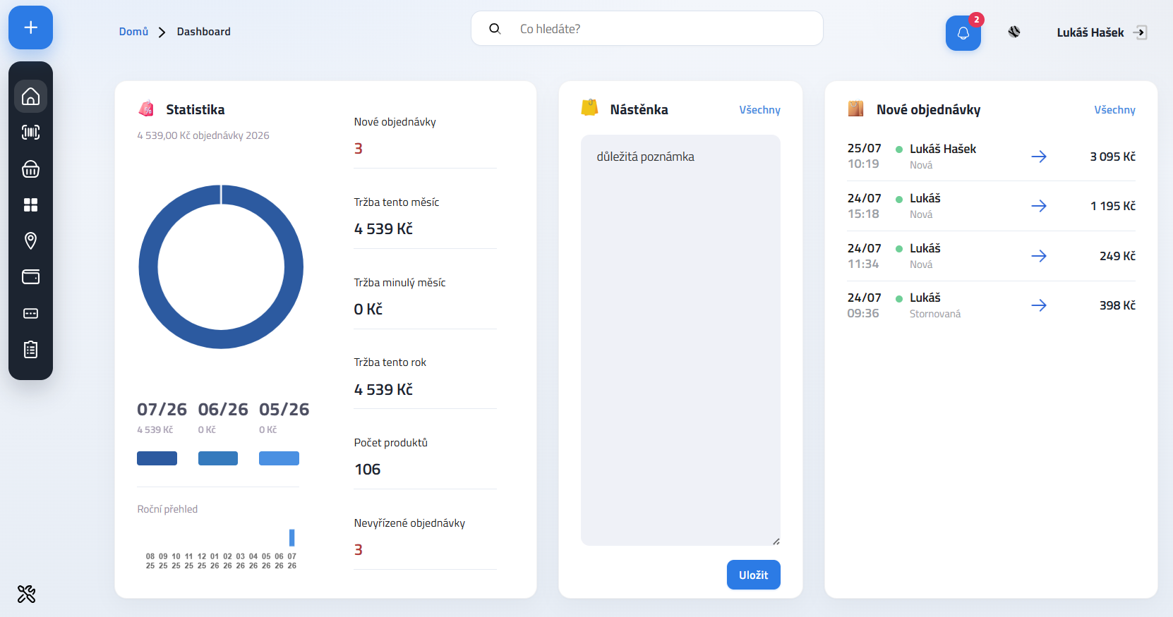 Náhled dashboardu Rebeka na počítači — statistiky a nové objednávky